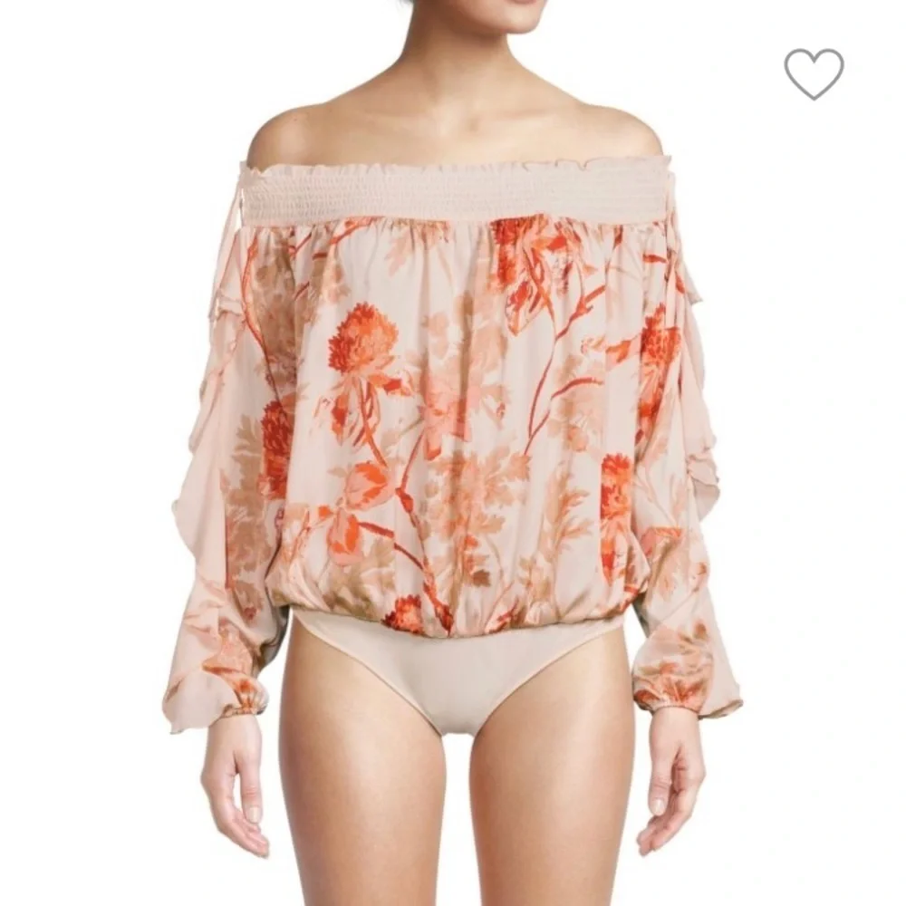 Free People Boho Satin Bodysuit Off The Shoulder Floral Peach Cream XL NWT